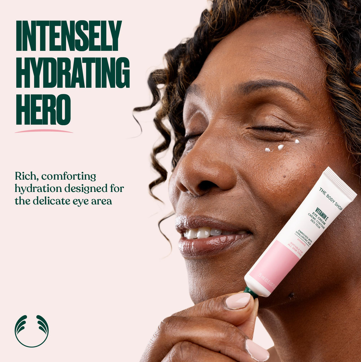 The Body Shop eye cream beside a pen to show 0.5 fl oz size and travel-friendly benefit