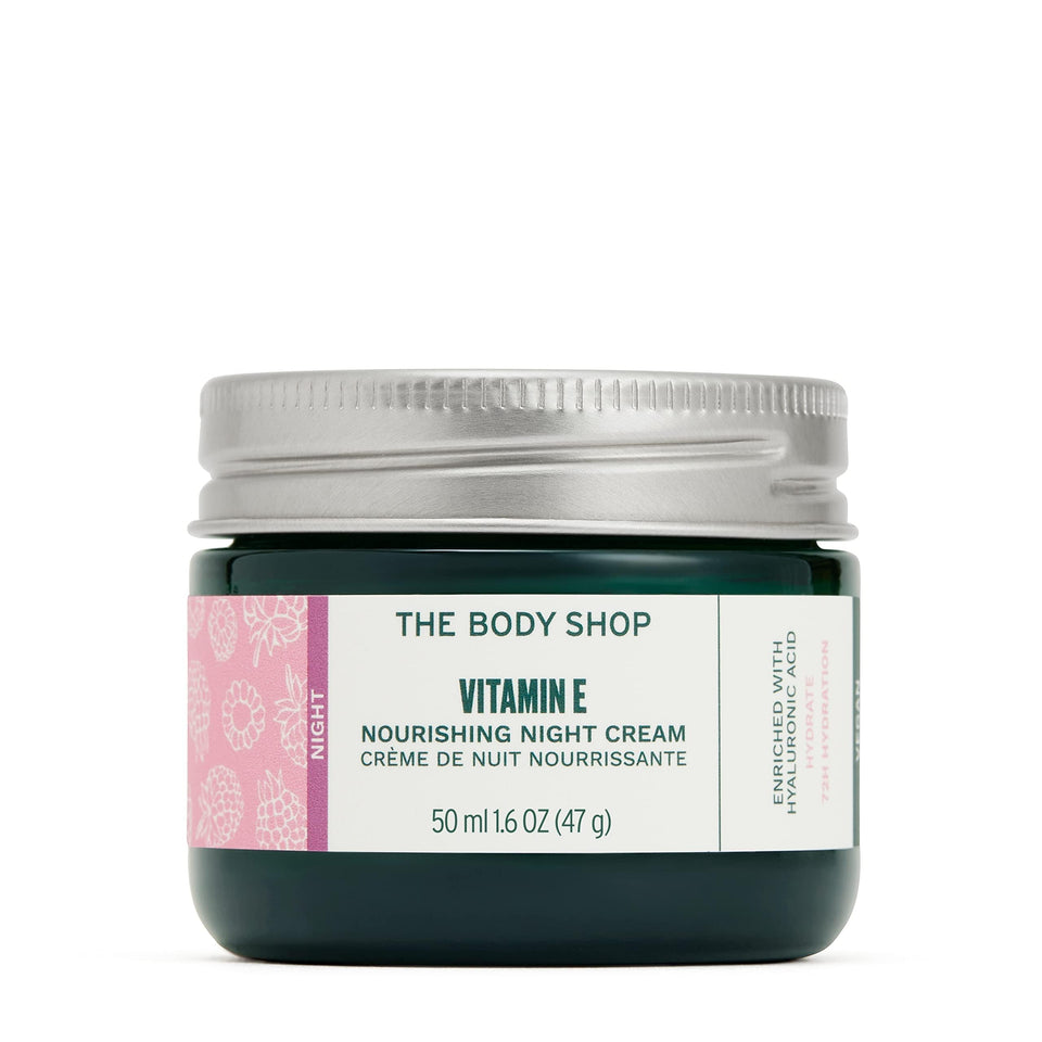 The Body Shop night cream jar front view shows product branding and packaging benefit