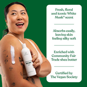 The Body Shop lotion being rubbed into skin for soft, smooth finish