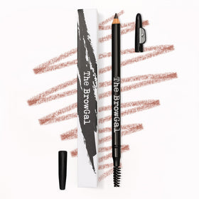 The BrowGal pencil front view showing shade 05 Taupe and packaging benefit precision