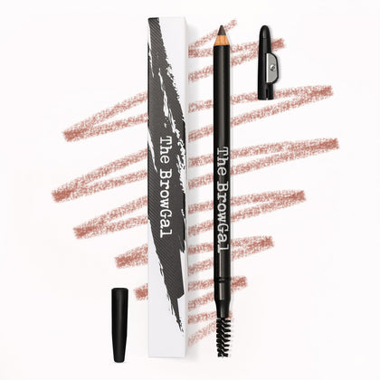 The BrowGal pencil front view showing shade 05 Taupe and packaging benefit precision
