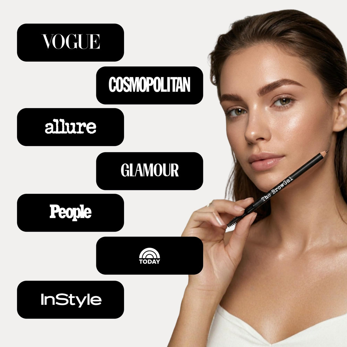 Back label of The BrowGal product showing vegan and cruelty-free icons