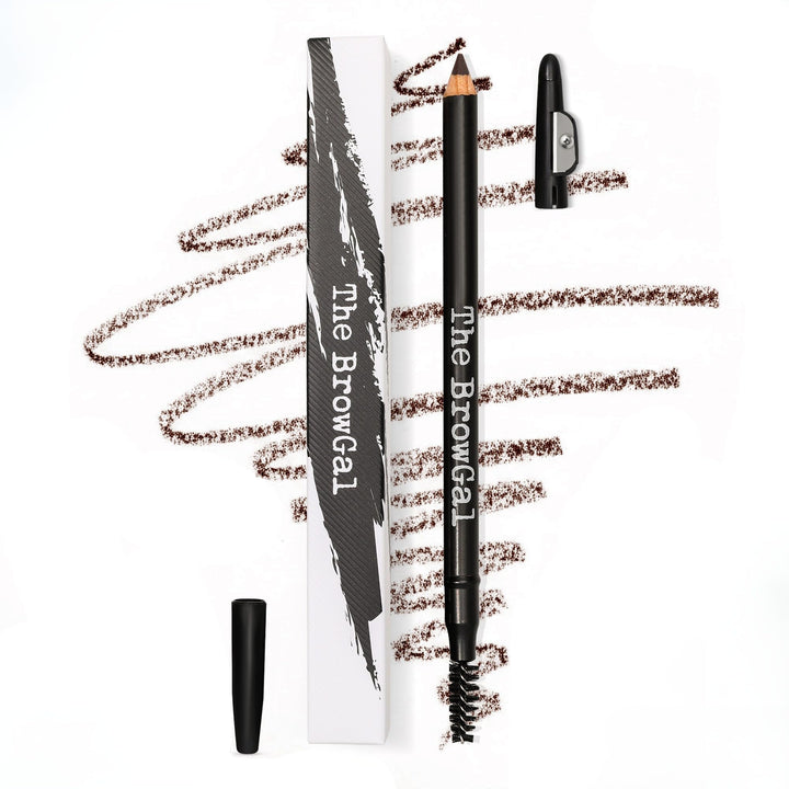 The BrowGal pencil front packaging showing shade 02 Espresso and compact design benefit