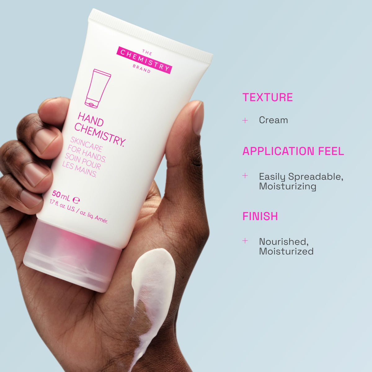 The Chemistry Brand size comparison next to a hand showing portable 3.4 oz