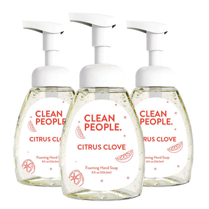 THE CLEAN PEOPLE front packaging showing three 8 oz Citrus Clove pump bottles, ideal for gifting