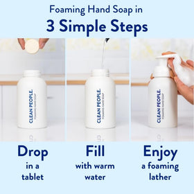 THE CLEAN PEOPLE foamy soap dispensed on hand showing gentle lather