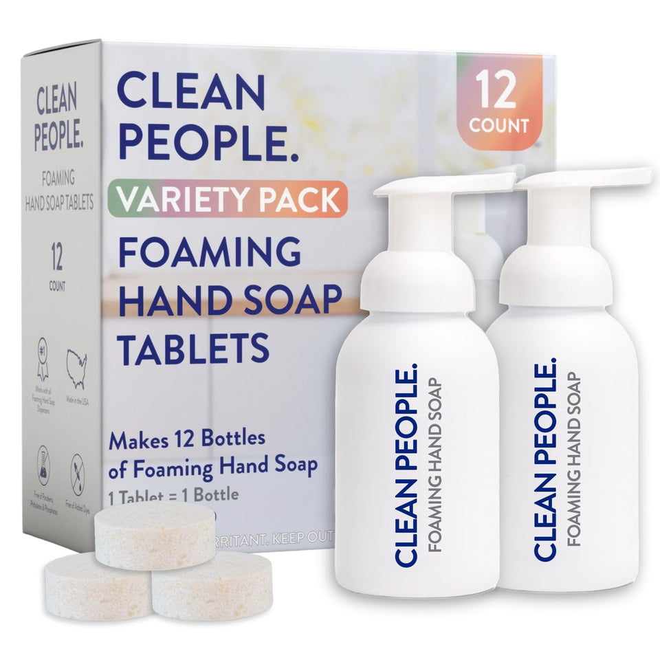 THE CLEAN PEOPLE front packaging showing tablets and dispensers, highlights convenience