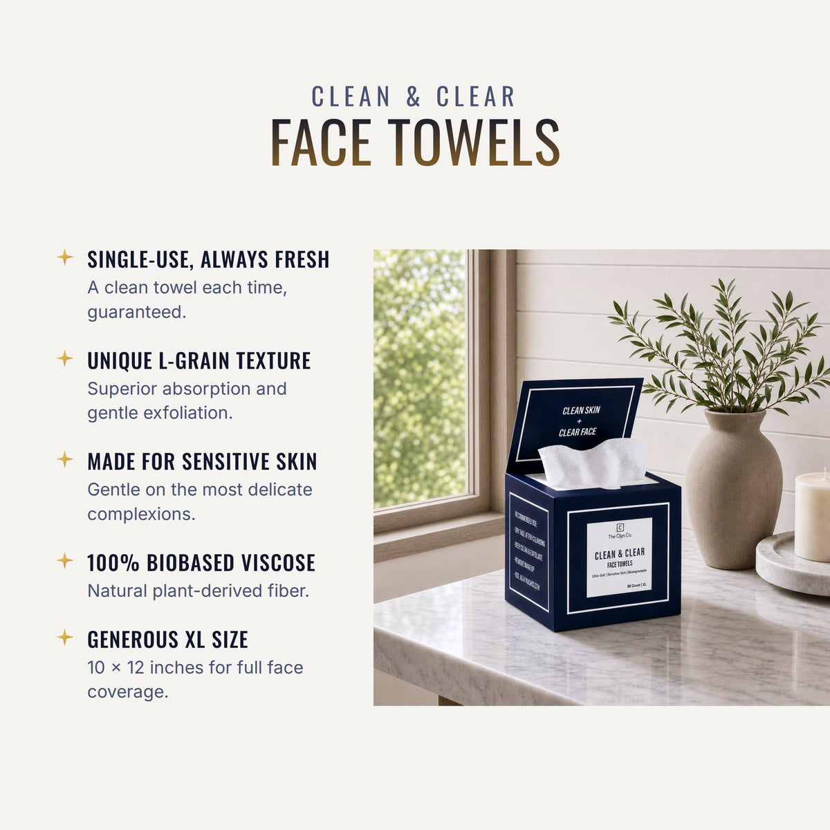 The Clyn Co. unboxed stack of XL 10×12 towels, highlights single-use convenience and size