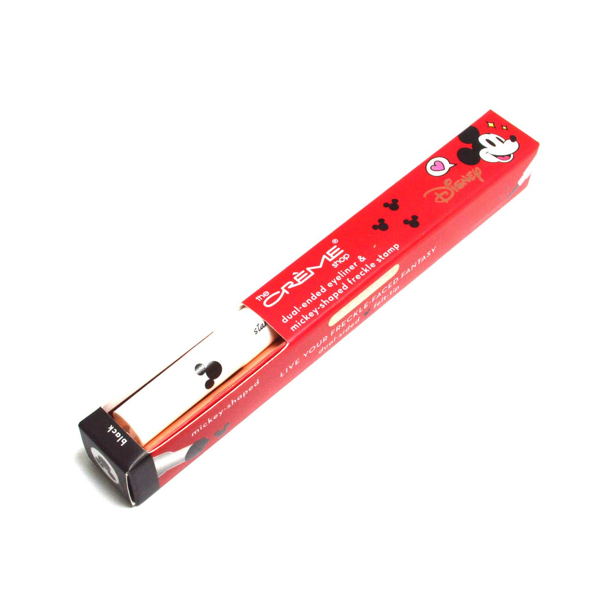The Crème Shop dual-ended eyeliner front view showing pen and caps, convenient for travel