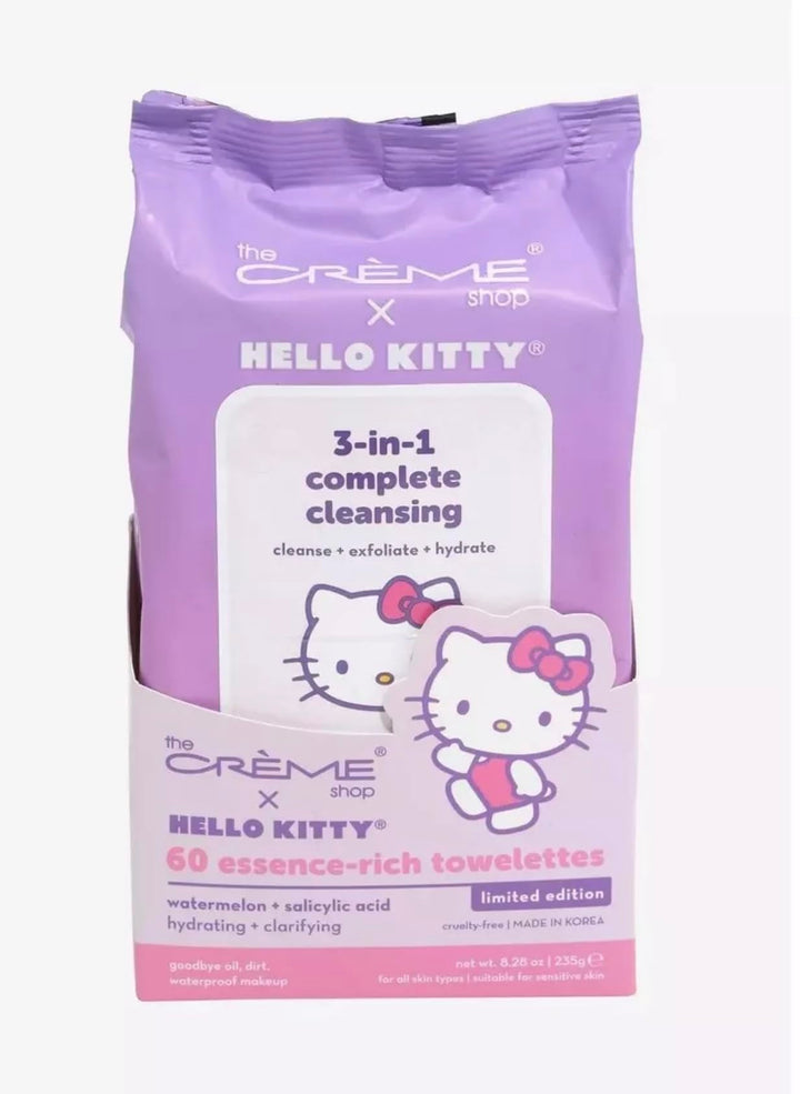 The Crème Shop Hello Kitty front packaging showing 60 wipes and bright watermelon benefits