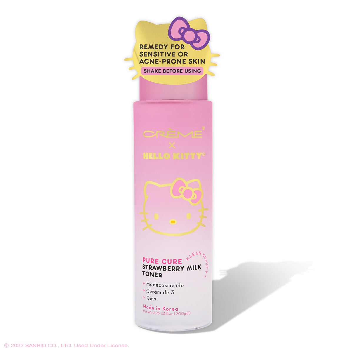 The Crème Shop front packaging showing cute Hello Kitty bottle and calming design benefits