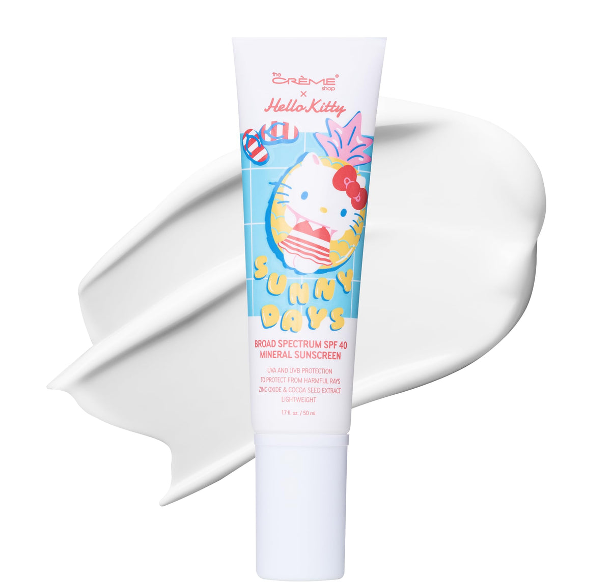 The Crème Shop front packaging showing SPF 40 and Hello Kitty, convenient protection