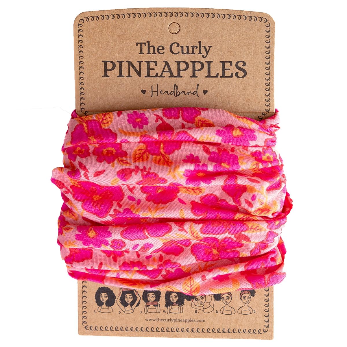 The Curly Pineapples front packaging showing fuschia headband and benefits