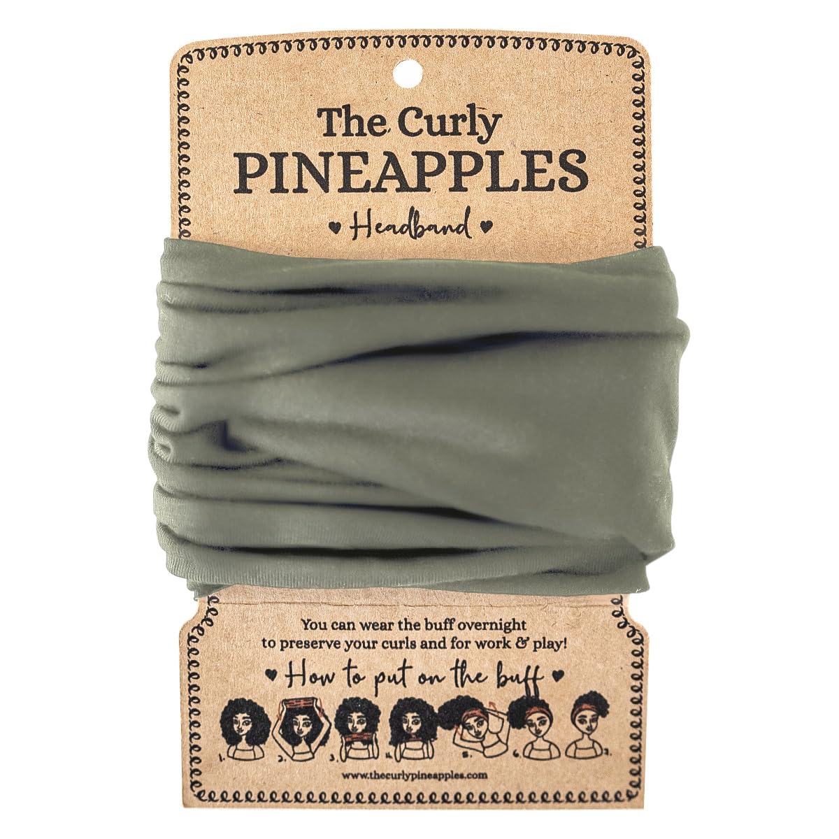 The Curly Pineapples front packaging showing olive headband and benefits