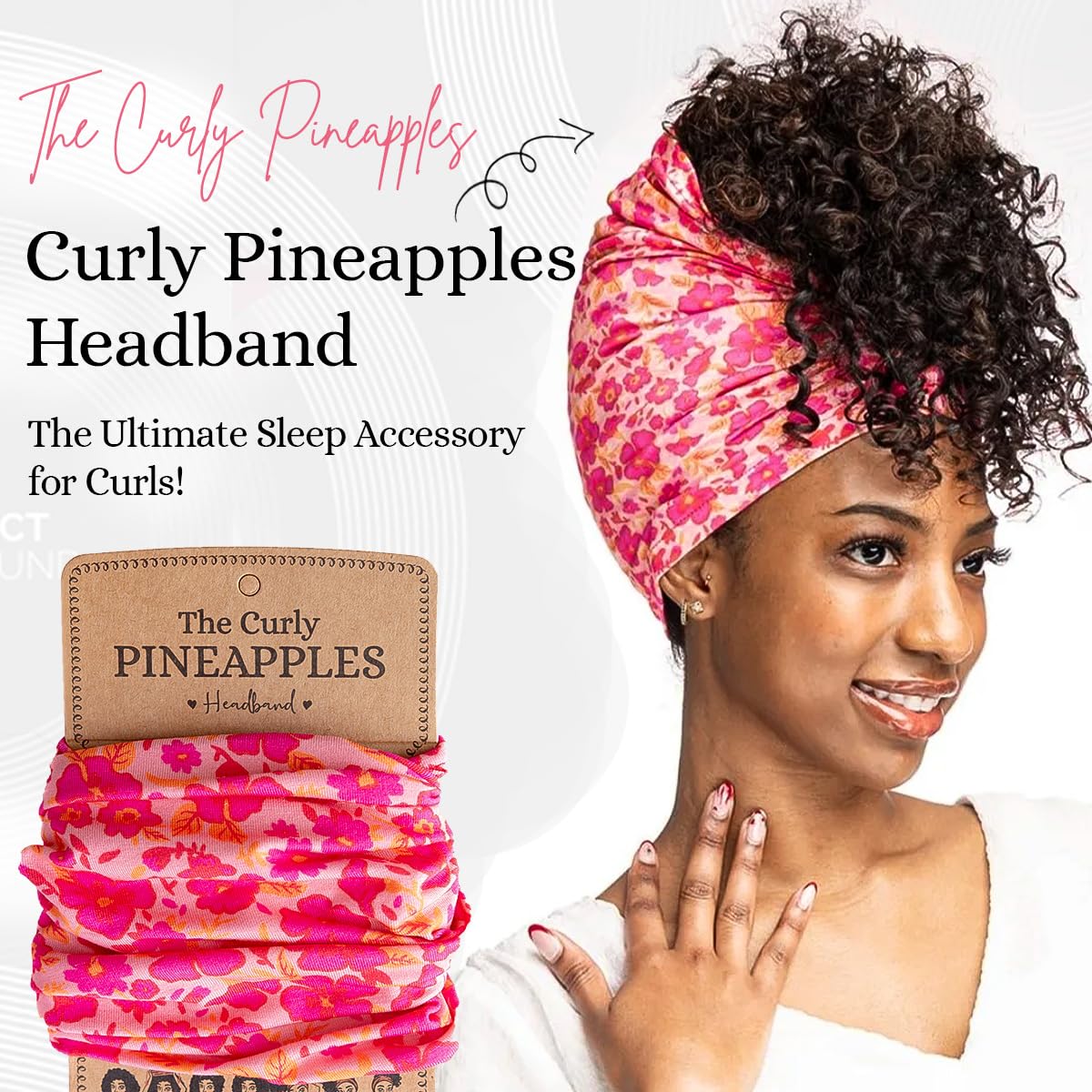 The Curly Pineapples headband in bed holding pineapple style all night