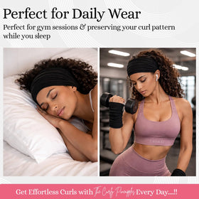 The Curly Pineapples headband held in hand showing size and stretch for thick hair
