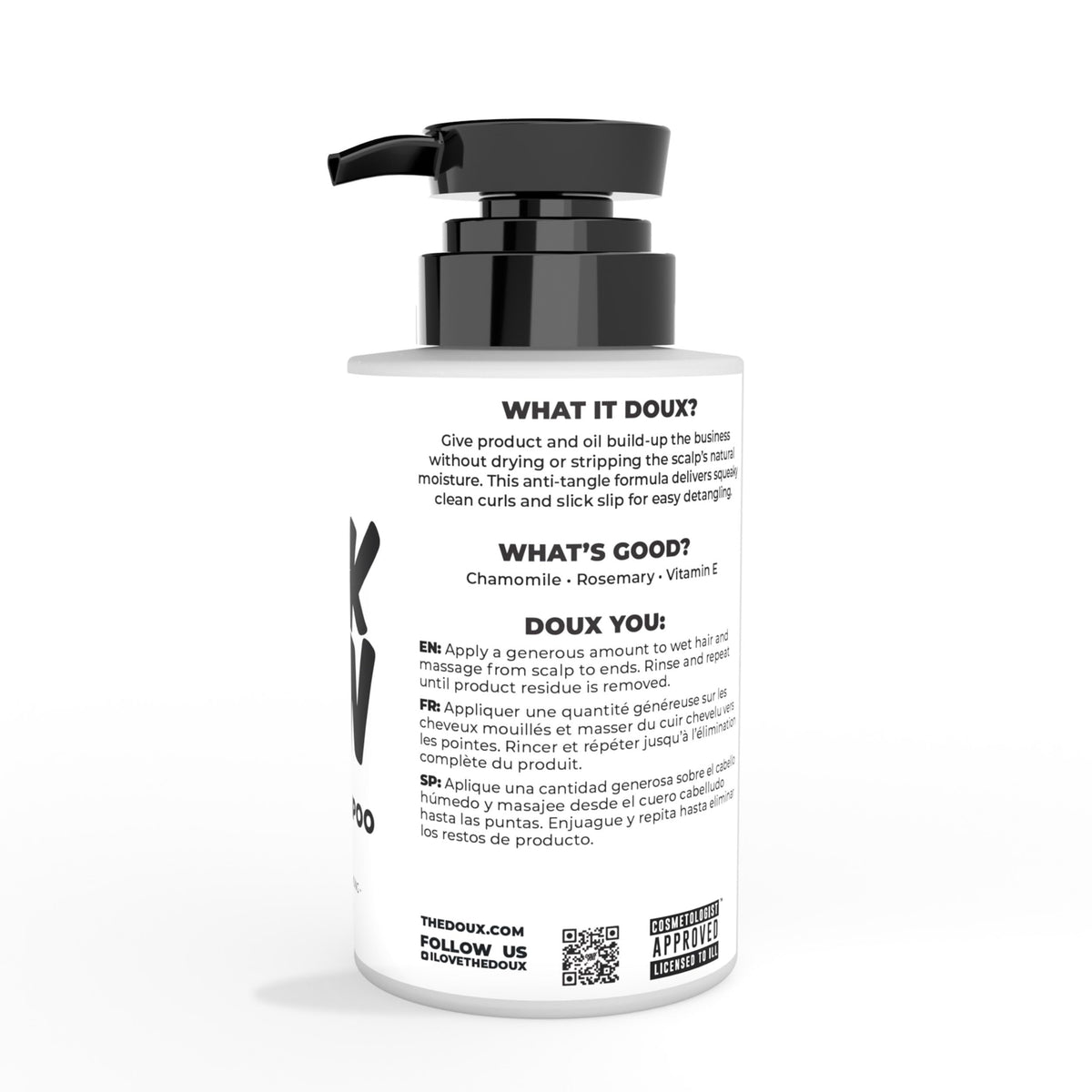 The Doux back label highlighting ingredients and usage benefits