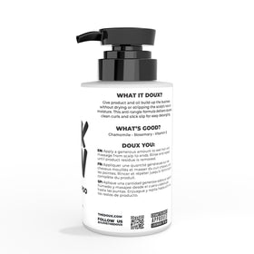 The Doux back label highlighting ingredients and usage benefits