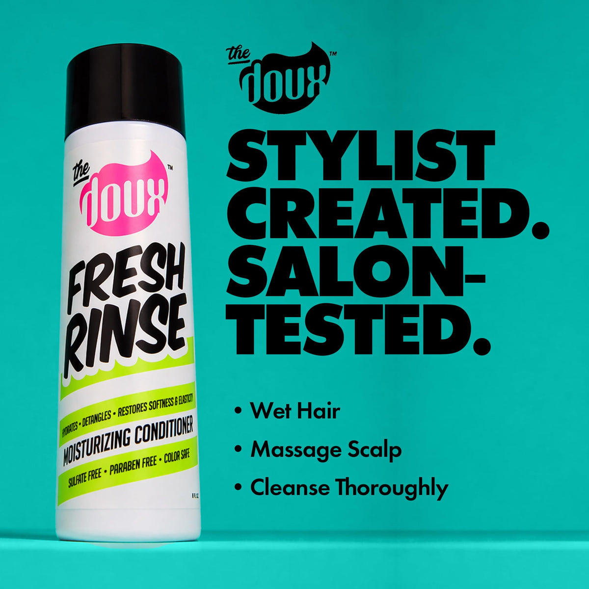 The Doux creamy conditioner texture close-up illustrating rich moisture delivery