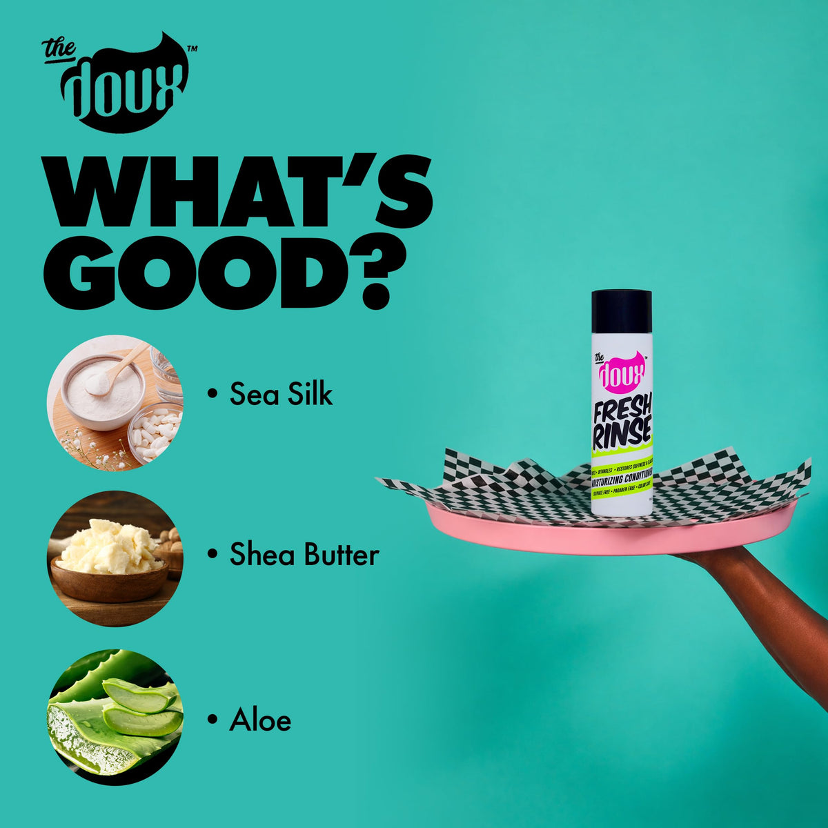 The Doux bottle beside a hand for scale showing travel-friendly size