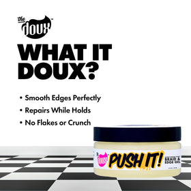 The Doux gel applied to edges smoothing flyaways for neat, long-lasting styles