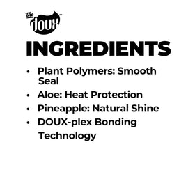 The Doux label close-up highlighting jojoba, aloe, pineapple ingredients and benefits