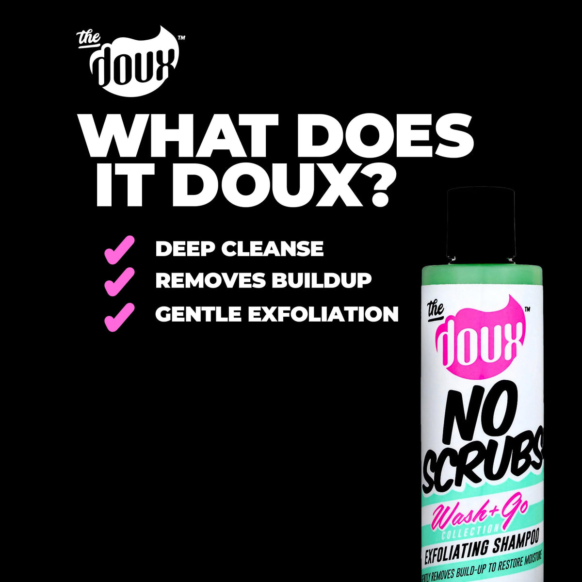 The Doux bottle next to common items for size comparison and travel-friendly benefit