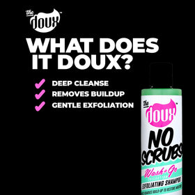 The Doux bottle next to common items for size comparison and travel-friendly benefit