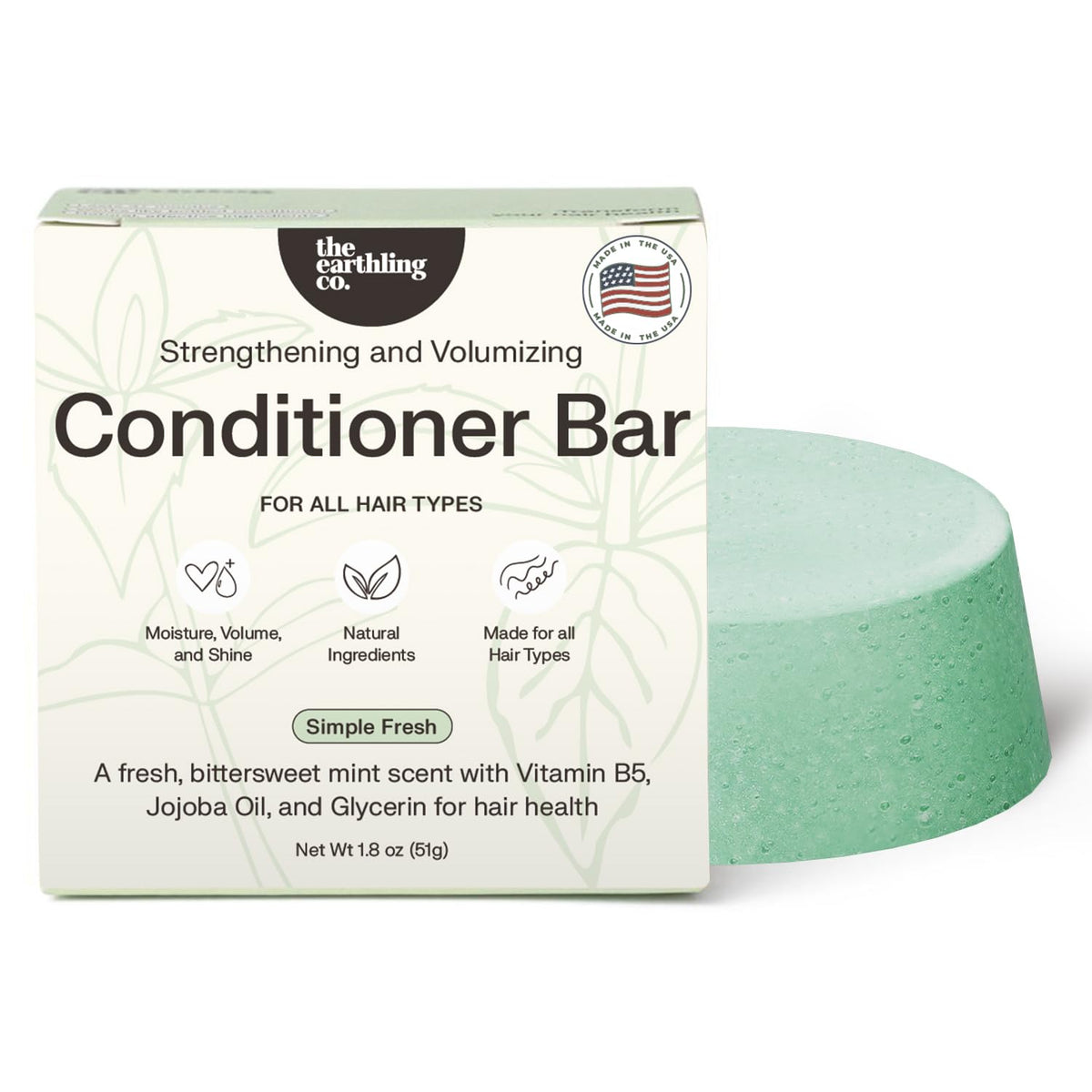 The Earthling Co. front packaging showing compact conditioner bar and benefits