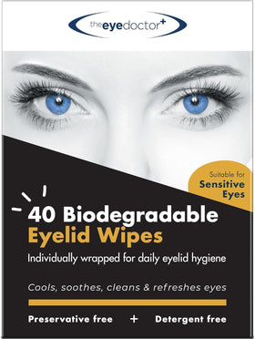 The Eye Doctor front packaging showing 80 biodegradable wipes and easy access