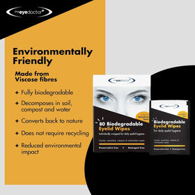 Close view of The Eye Doctor ingredients label showing preservative-free gentle formula