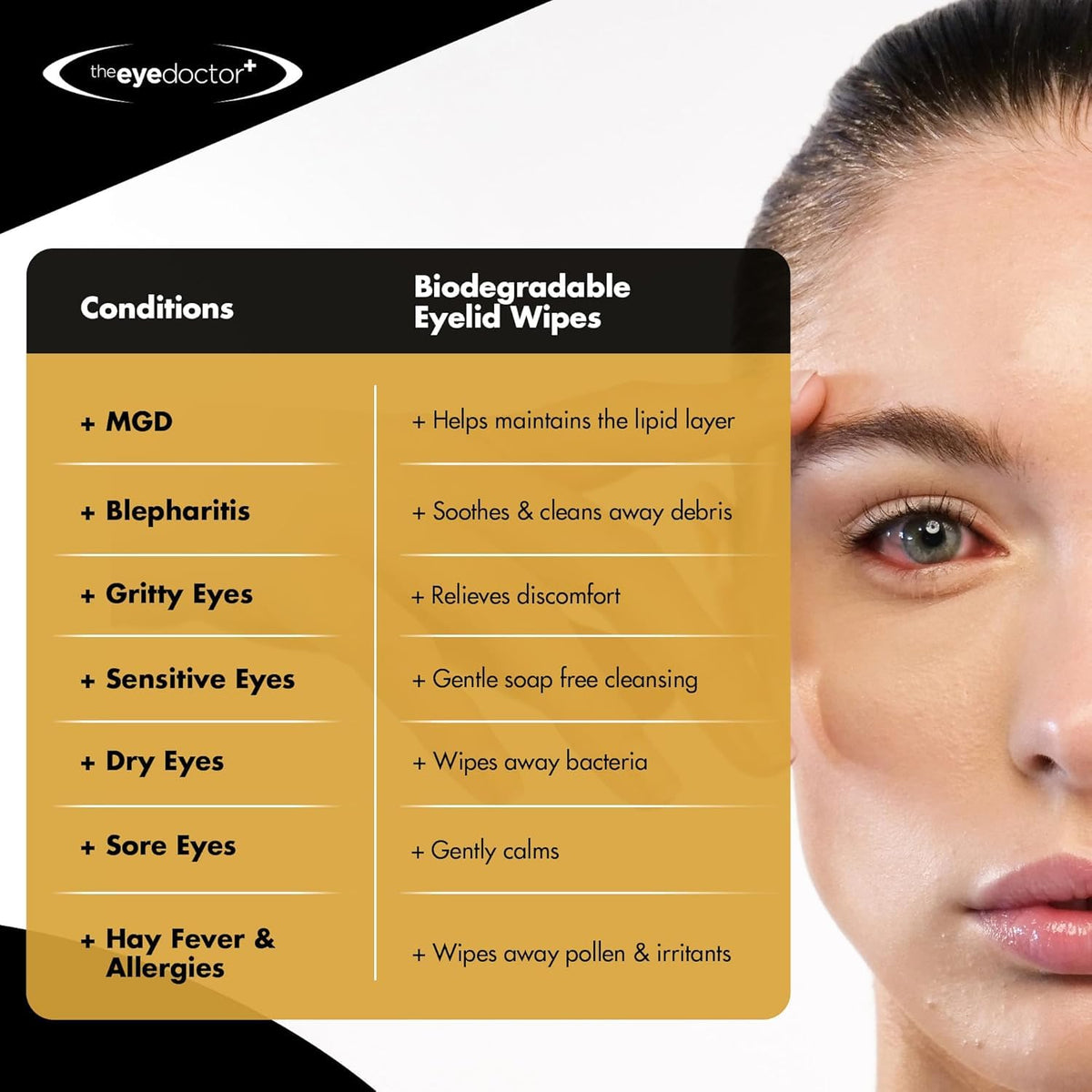 Using The Eye Doctor wipe on eyelid demonstrating gentle removal of debris and makeup