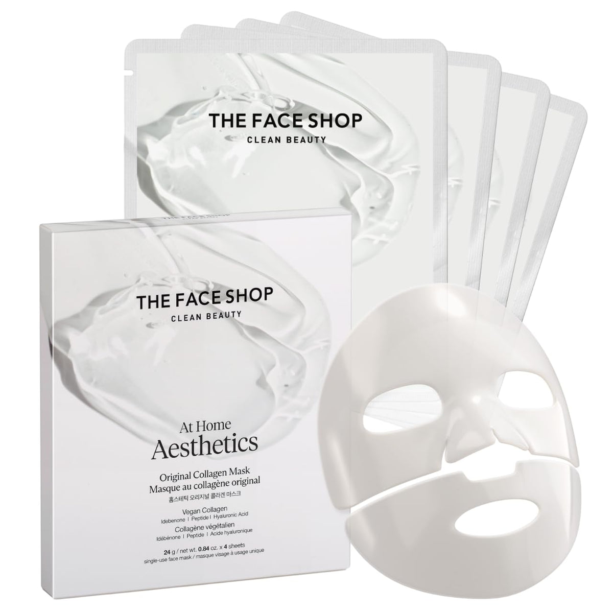 THE FACE SHOP front packaging showing four vegan collagen masks and benefits