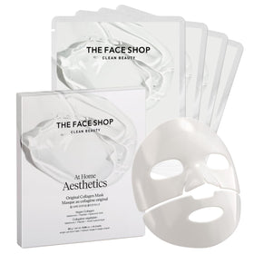 THE FACE SHOP front packaging showing four vegan collagen masks and benefits