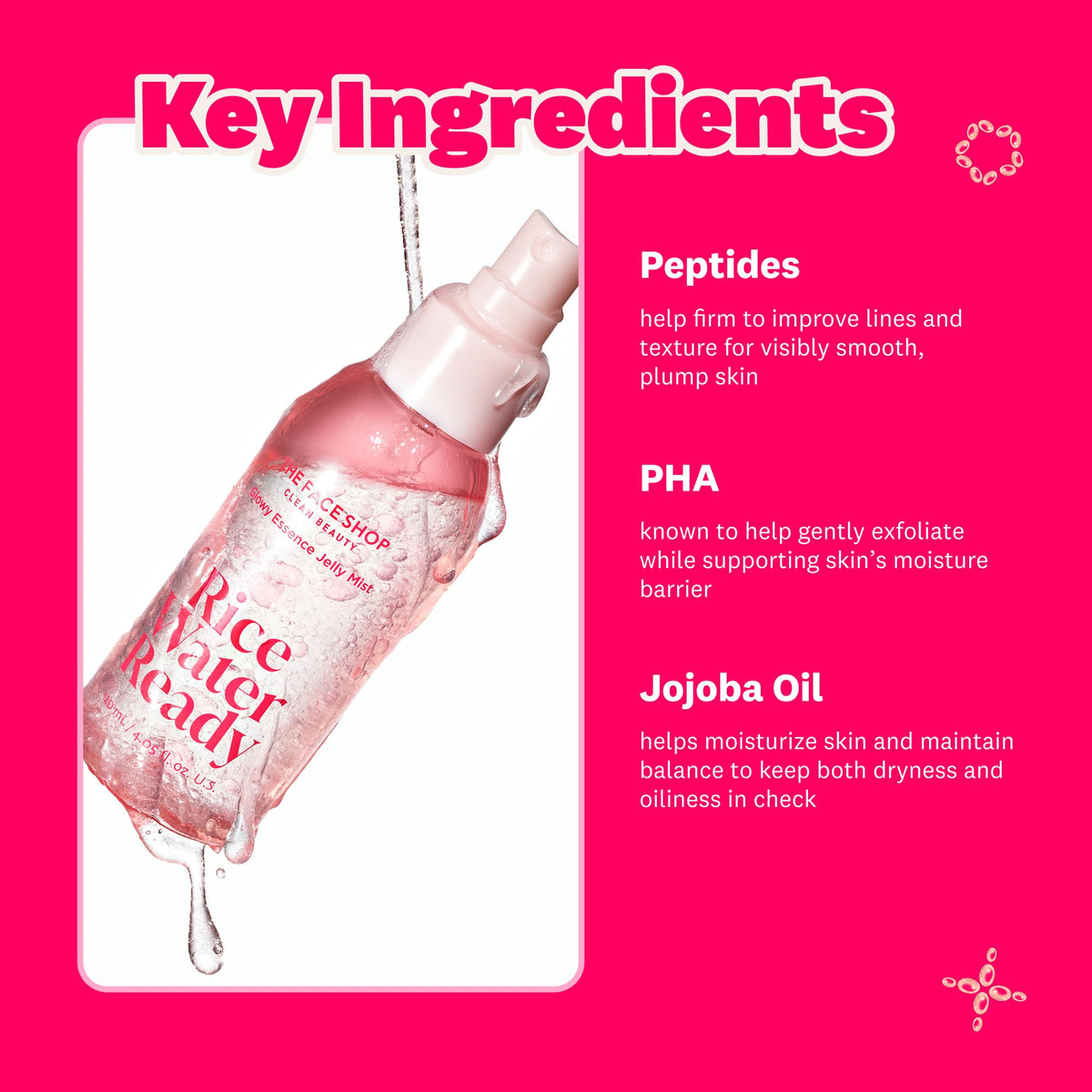 The Face Shop close-up texture droplet highlighting jelly-to-mist hydration