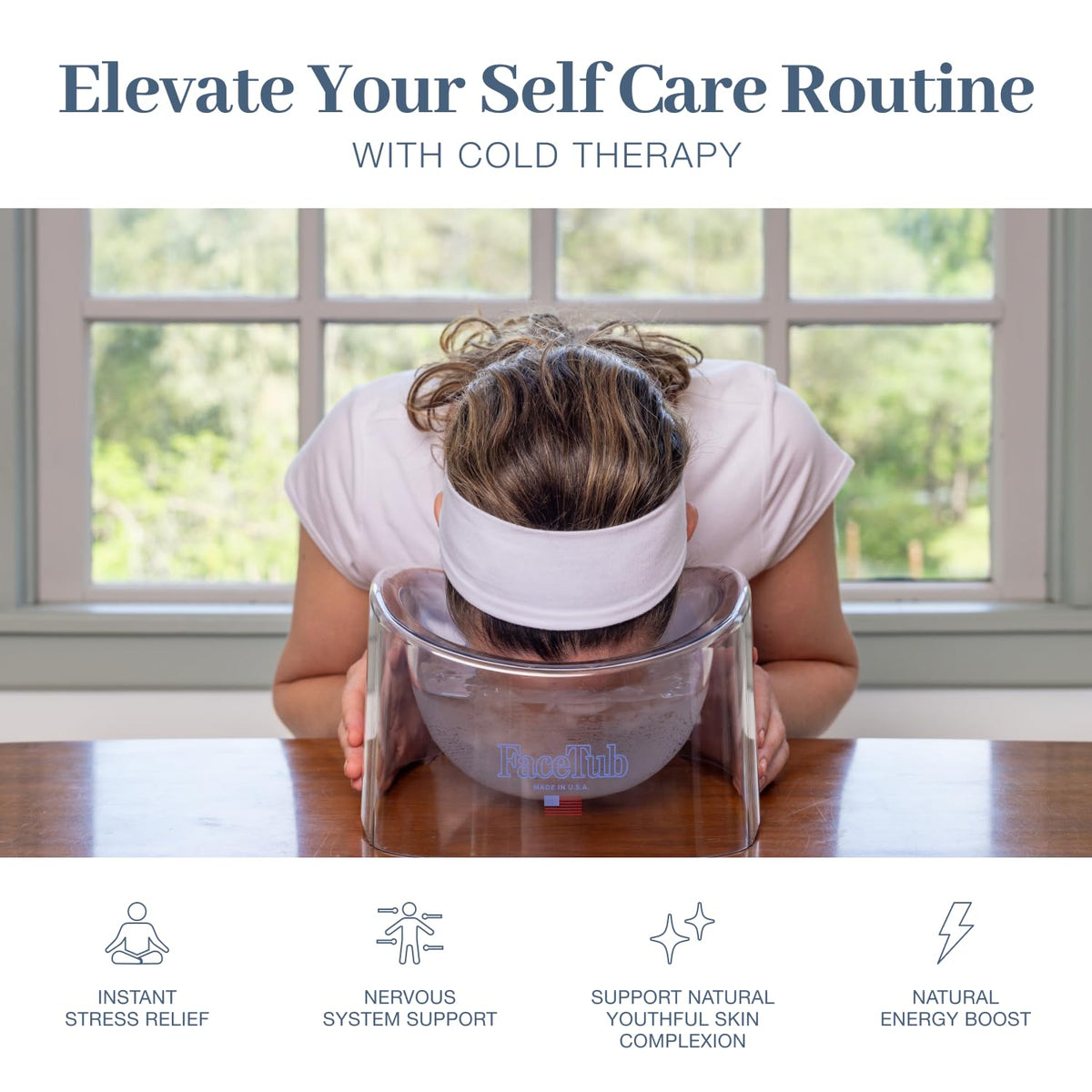 The FaceTub filled with ice and water showing cold therapy readiness