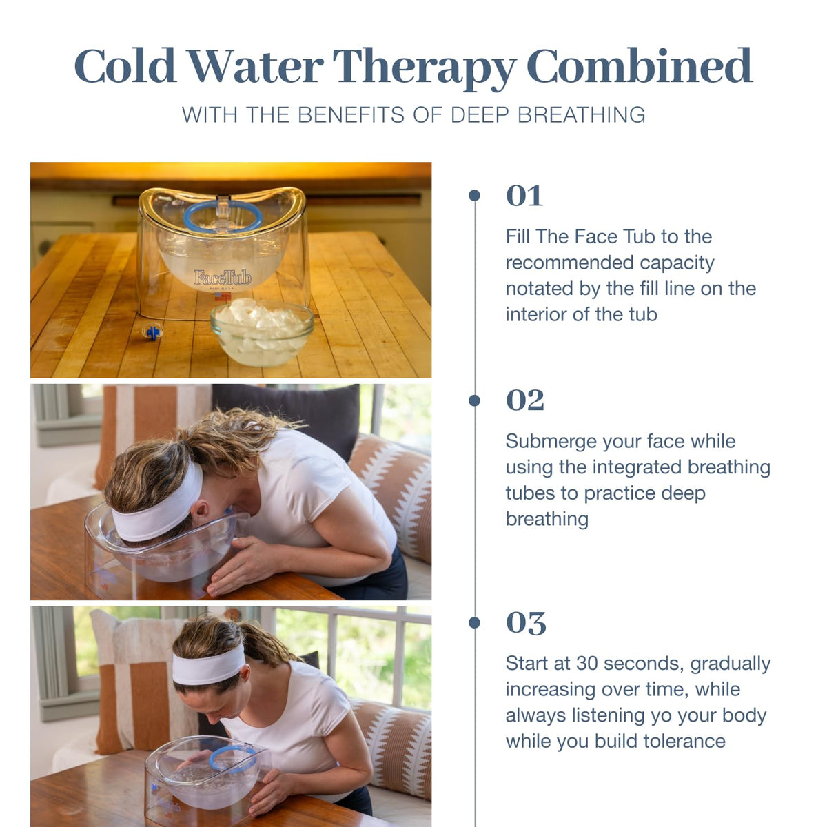 The FaceTub side profile with a model positioning face over the bowl showing correct use