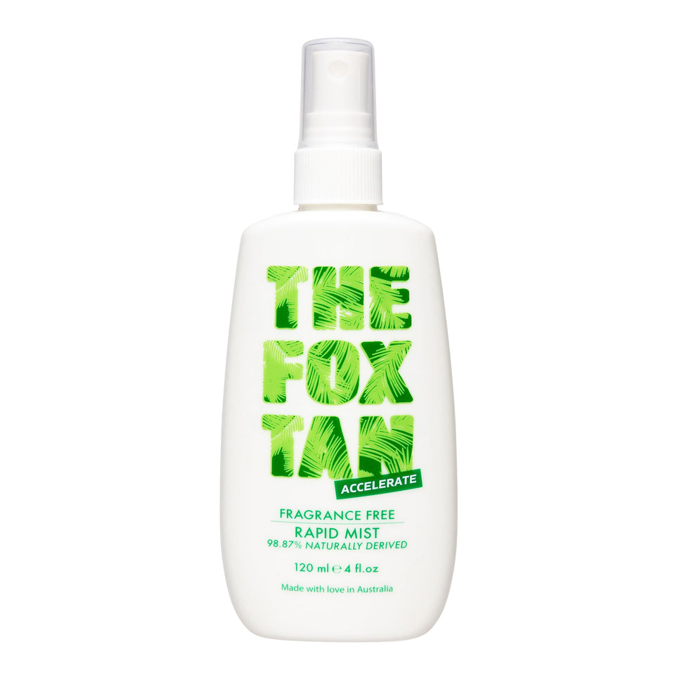 The Fox Tan front packaging showing bottle and branding, highlights quick tanning