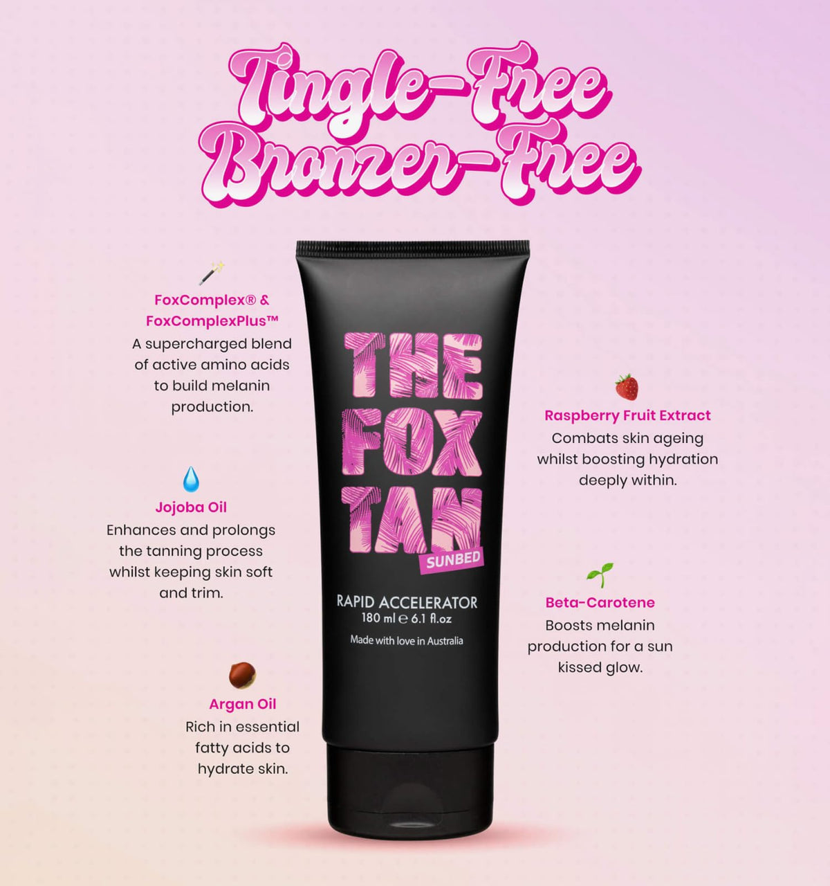 The Fox Tan lotion texture close-up displaying creamy finish and fast-absorbing benefits