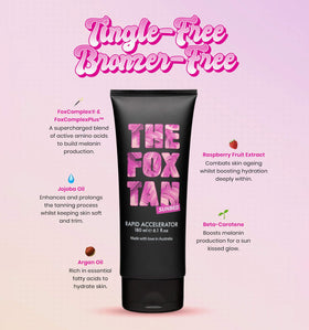 The Fox Tan lotion texture close-up displaying creamy finish and fast-absorbing benefits