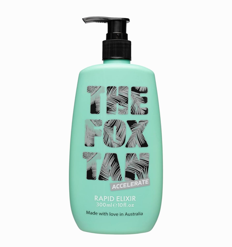 THE FOX TAN bottle front view showing label and 300mL size benefit