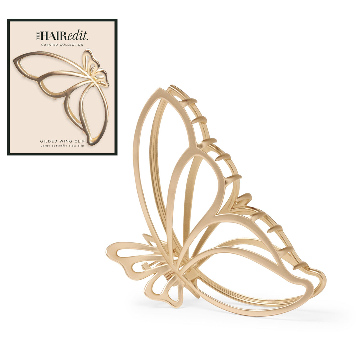 The Hair Edit front view of gold butterfly clip shows elegant design and grip benefit
