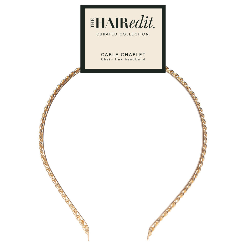 The Hair Edit gold chain headband front view adds refined shine