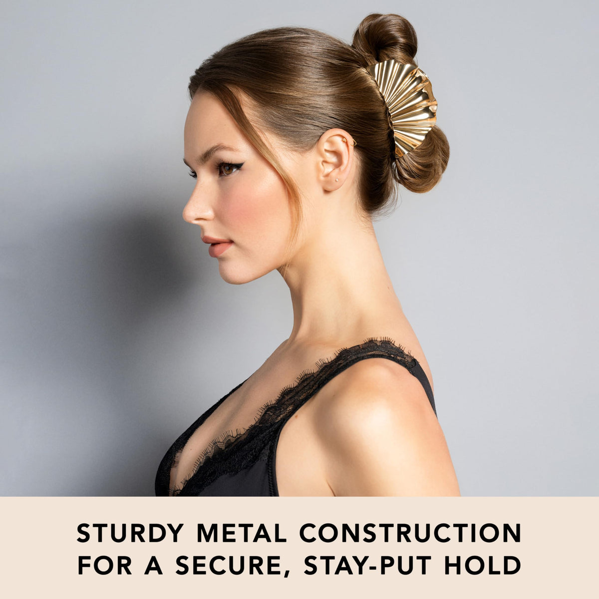 The Hair Edit golden hour clipped in a secure updo for long-lasting style support
