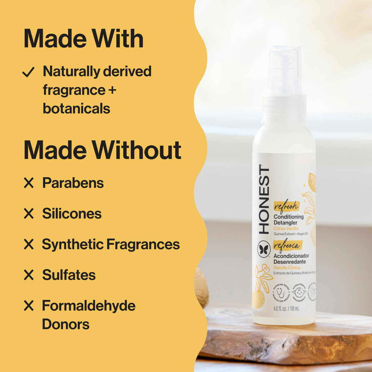 The Honest Company bottle label detail highlighting natural ingredients and safety