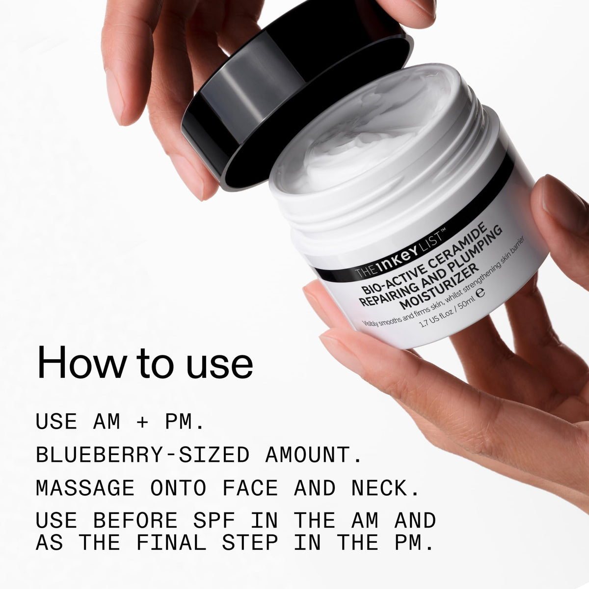 The INKEY List ingredient label close-up showing bio-active ceramides and clear formulation benefit