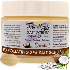 The Keys Salt Scrub front jar showing coconut scent and 12-ounce size benefits