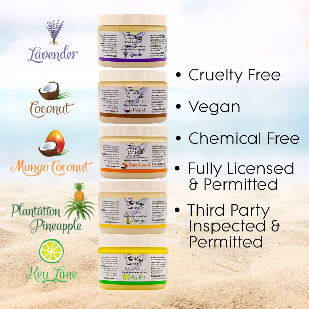 The Keys Salt Scrub beside a ruler showing 12 oz jar size for travel convenience