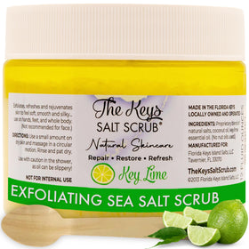 The Keys Salt Scrub front jar showing Key Lime label and benefit
