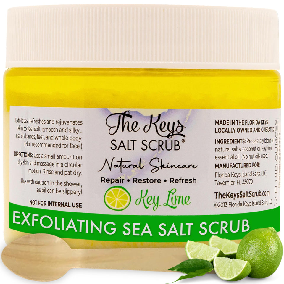 The Keys Salt Scrub front jar showing Key Lime label and benefit